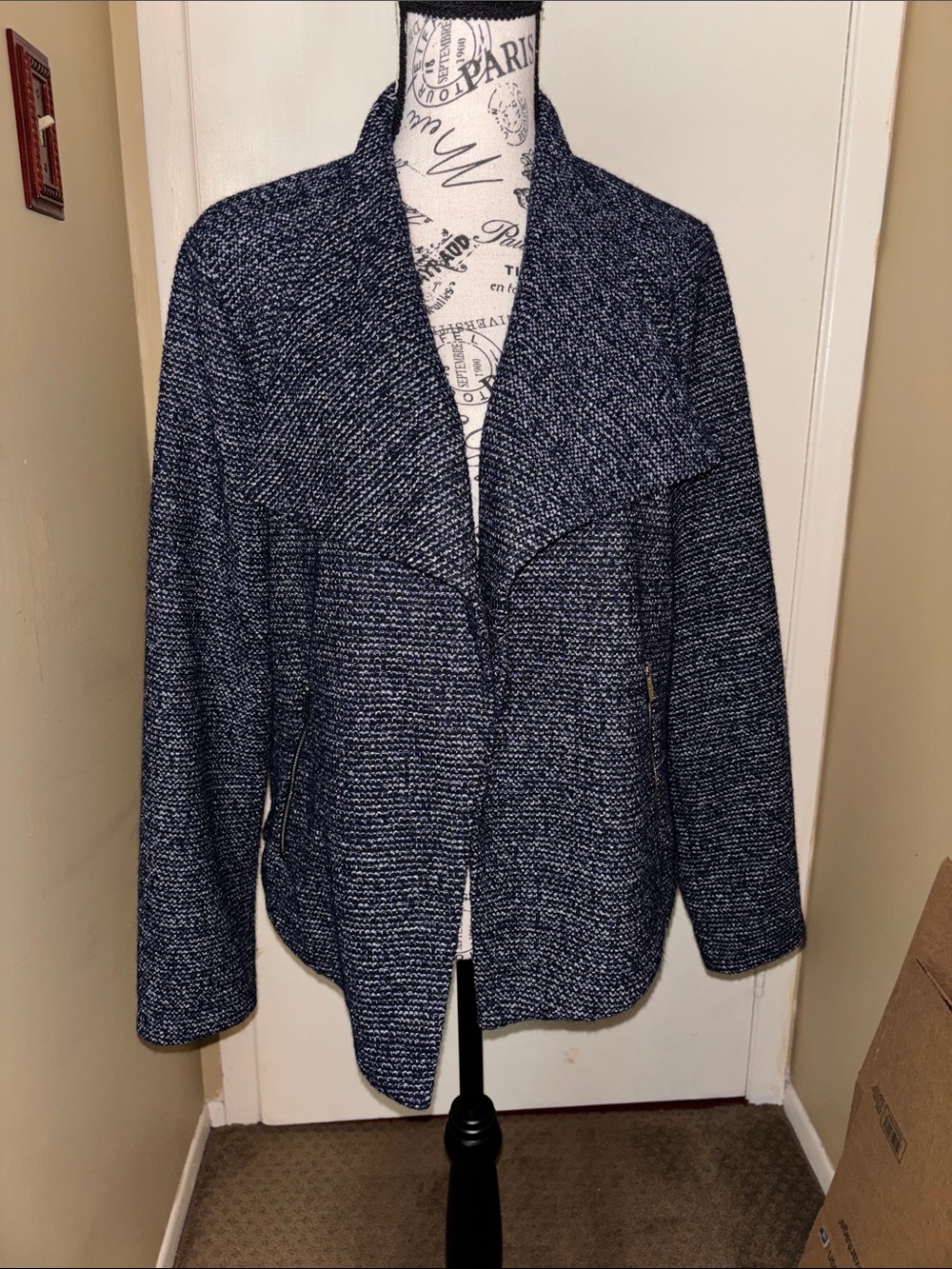 Calvin Klein Women’s Navy Tweed Open-Front Jacket with Zip Pockets